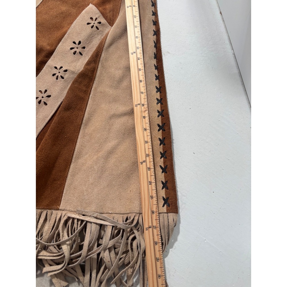 Vintage Suede Leather Fringe Poncho Cape Mexico Floral Cutout Brown Boho M L - Picture 8 of 8